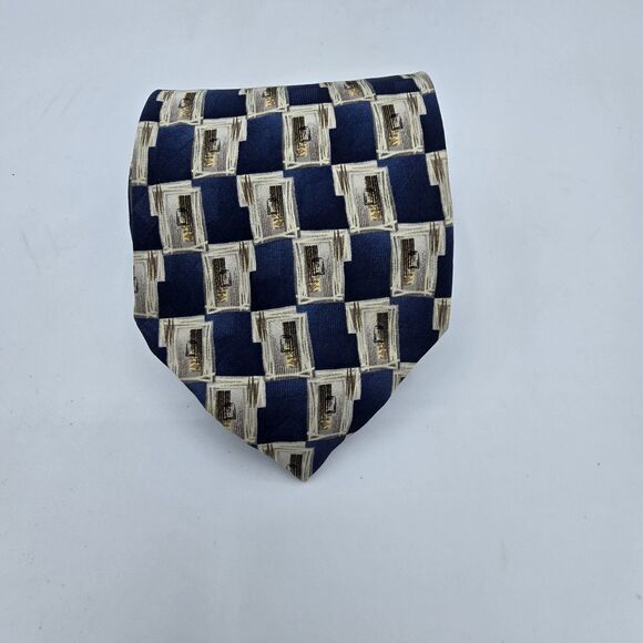Stafford Mens Necktie 100% Silk Blue Tan Geometric Business Tie 57 x 4 Vintage - Picture 1 of 6